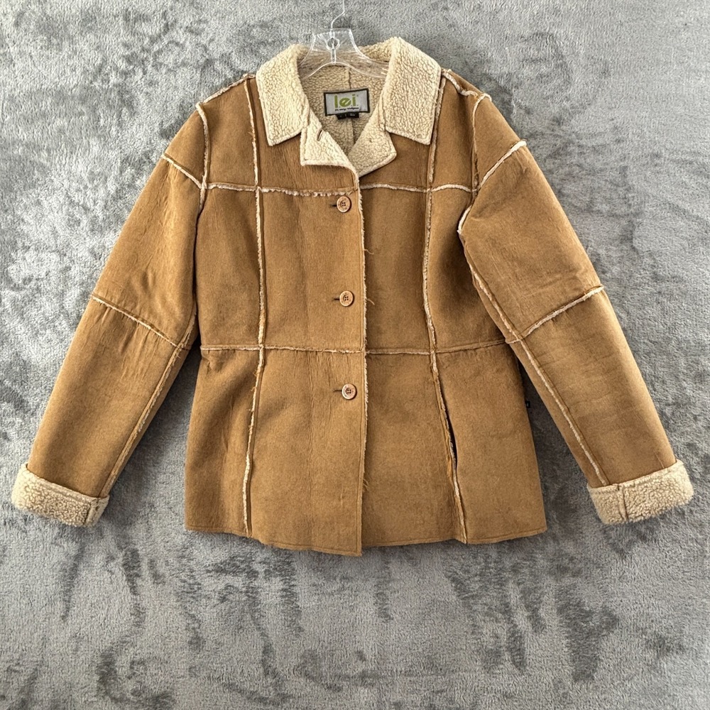 L.E.I. Sherpa Coat Womens L Tan Faux Suede Patchwork Button Up Vintage Y2K